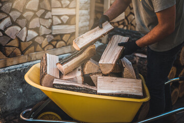 Man working with firewood, carring wood logs. Preparation for winter. Rustic countryside.