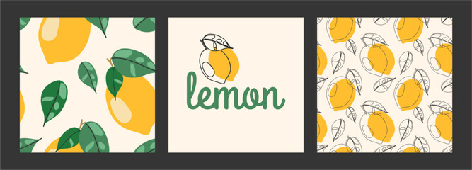 Set of cards and seamless patterns with lemons. Flat minimalist paper cut style. Bright summer background. Collage modern fabric, wallpaper, cover, interior art print.