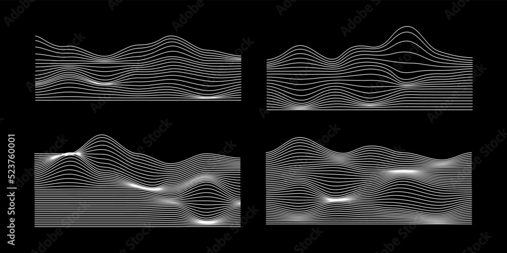 Poster Set of abstract wireframe 80s style. Retro futuristic technology in grid line for graphic element. Collection of 3D mesh illustration design form