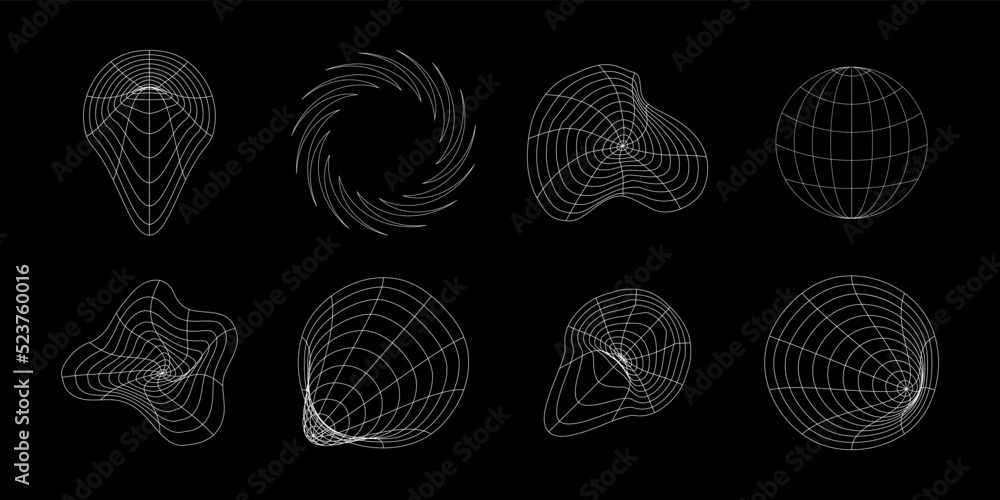 Poster Set of abstract wireframe 80s style. Retro futuristic technology in grid line for graphic element. Collection of 3D mesh illustration design form