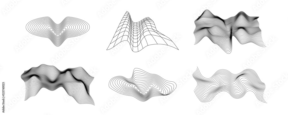 Aufkleber Set of abstract wireframe 80s style. Retro futuristic technology in grid line for graphic element. Collection of 3D mesh illustration design form