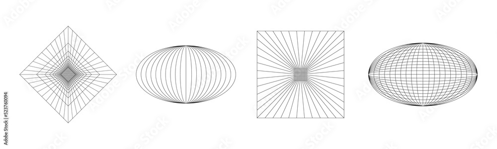 Aufkleber Set of abstract wireframe 80s style. Retro futuristic technology in grid line for graphic element. Collection of 3D mesh illustration design form