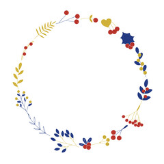 Winter and autumn forest berries and plants round frame vector illustration, hand drawing, red, gold and blue colors