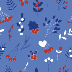 Winter forest berries and plants seamless pattern vector illustration, hand drawing, red, blue and white colors