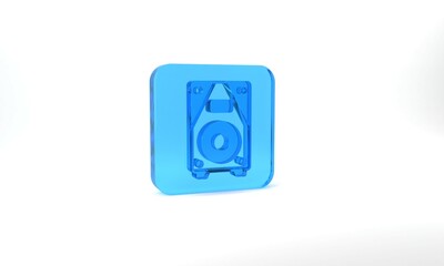 Blue Stereo speaker icon isolated on grey background. Sound system speakers. Music icon. Musical column speaker bass equipment. Glass square button. 3d illustration 3D render