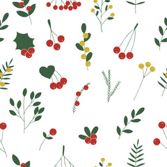 Forest berries and plants seamless pattern vector illustration, hand drawing, red, gold and green colors