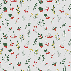 Forest berries and plants seamless pattern vector illustration, hand drawing, red, gold and green