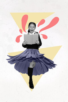 Vertical collage picture of excited girl black white gamma hold book flower instead skirt isolated on creative drawing background