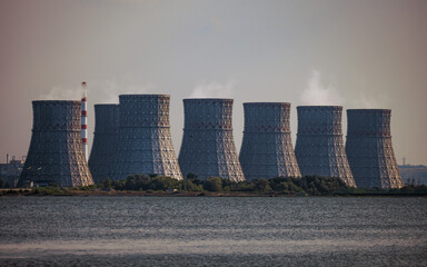 Nuclear power plant. Atomic power station cooling towers.