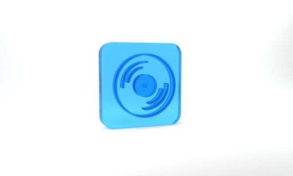 Blue Vinyl disk icon isolated on grey background. Glass square button. 3d illustration 3D render