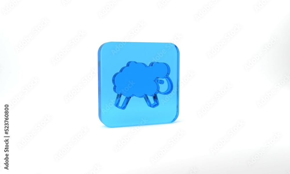 Poster blue sheep icon isolated on grey background. counting sheep to fall asleep. glass square button. 3d 