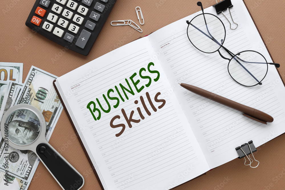 Poster business skill open diary on the table with text. business concept