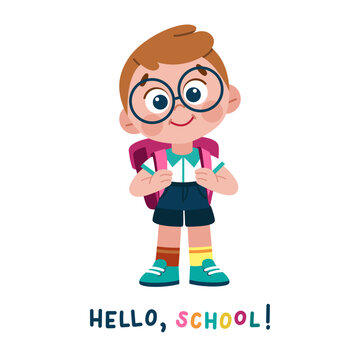 Cute little school boy with backpack. Vector cartoon character with 1 September and school theme. Smiling kid in school uniform.