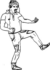 Young man listening music in headphone in dancing pose line art vector silhouette, Cartoon drawing of boy listing music and dancing, dancing man clip art, listin music symbol