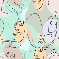 One line drawing. Abstract face seamless pattern.