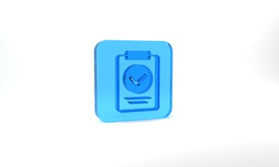 Blue Medical prescription icon isolated on grey background. Rx form. Recipe medical. Pharmacy or medicine symbol. Glass square button. 3d illustration 3D render