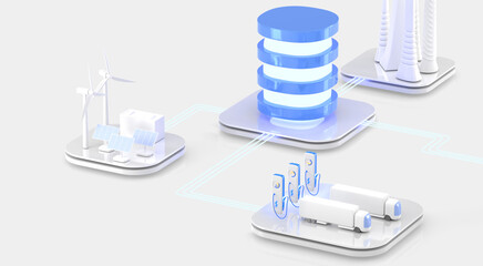 Data center isometric 3d render. Api application programming interface, database server for smart city, electric charging station with trucks, renewable energy with wind turbines and solar panels