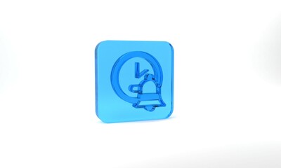 Blue Alarm clock icon isolated on grey background. Wake up, get up concept. Time sign. Glass square button. 3d illustration 3D render