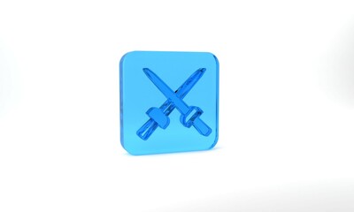 Blue Fencing icon isolated on grey background. Sport equipment. Glass square button. 3d illustration 3D render
