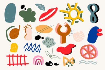 Hand drawn abstract modern bright shapes and objects. Doodle design elements. Background, wallpaper, packaging, textile template