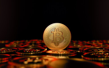 Bitcoin on black background. Bitcoin with red light.