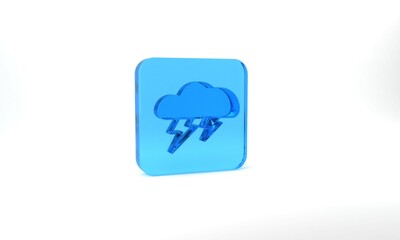 Naklejka premium Blue Storm icon isolated on grey background. Cloud and lightning sign. Weather icon of storm. Glass square button. 3d illustration 3D render