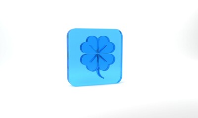 Blue Four leaf clover icon isolated on grey background. Happy Saint Patrick day. Glass square button. 3d illustration 3D render