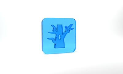 Blue Bare tree icon isolated on grey background. Glass square button. 3d illustration 3D render
