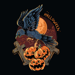 Halloween Crow Flying With Pumpkin