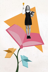 Vertical collage of excited small girl black white gamma stand huge painted book point finger...