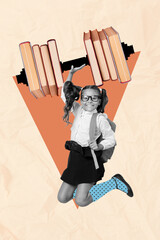 Vertical banner collage of school girl jump with book wear uniform isolated on drawing peach color...
