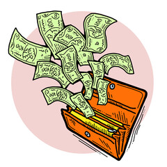 Money cash flying into and out of wallet. Income transfer, currency revenue, inflation and deflation, finance and business theme. Hand drawing illustration. Cartoon style line drawing.
