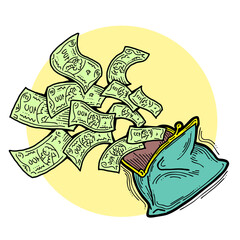 Money cash flying into and out of wallet. Income transfer, currency revenue, inflation and deflation, finance and business theme. Hand drawing illustration. Cartoon style line drawing.