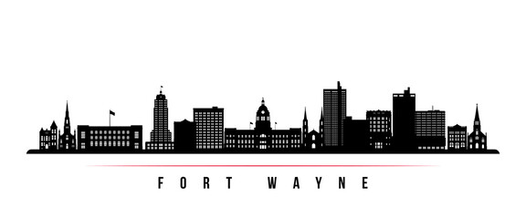 Fort Wayne skyline horizontal banner. Black and white silhouette of Fort Wayne, Indiana. Vector template for your design.
