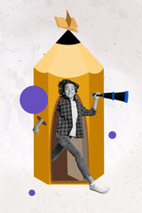 Vertical creative collage image of little boy black white gamma hold spyglass walk inside big pencil isolated on drawing background