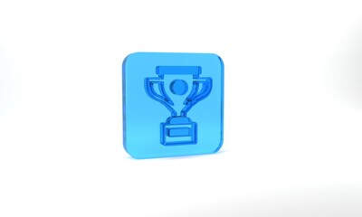 Blue Award cup icon isolated on grey background. Winner trophy symbol. Championship or competition trophy. Sports achievement sign. Glass square button. 3d illustration 3D render