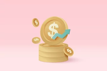 Fotobehang 3D money coin saving on pastel yellow background. bundles cash and floating coins exchange with finance business concept, earning investment. 3d money icon vector rendering illustration © Vector Stock Pro