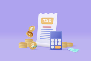 3d tax payment and business tax with money coin, calculator and tax form. Composition with financial annual accounting, calculating and paying invoice. 3d tax payment vector icon render illustration