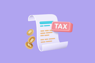 3d tax payment and business tax with money coin on clipboard checklist. Composition with financial annual accounting, calculating and paying invoice. 3d tax payment vector icon render illustration - obrazy, fototapety, plakaty