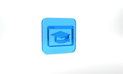 Blue Online education and graduation icon isolated on grey background. Online teacher on monitor. Webinar and video seminar learning. Glass square button. 3d illustration 3D render