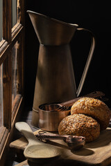 Fresh buns in rustic kitchen
