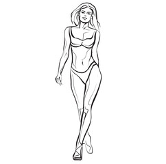 Fashion woman in swimwear. Female model in swimsuit. Hand drawn fashion lady. Line black and white Sketch