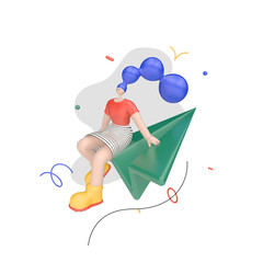 3d render illustration of girl flying on a paper plane and abstract geometric shapes. Simple icon for web and app. Modern trendy design. Isolated on white background.