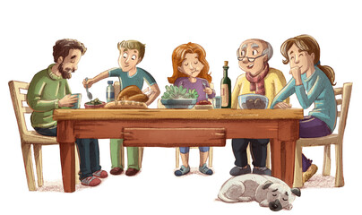 Illustration of family eating at the table - 523765081