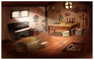 Illustration of loft with old furniture - 523765083