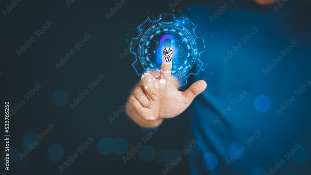 Poster Man login with fingerprint scanning technology. Security concepts and fingerprint password control in the technology of the future.