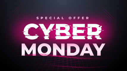 Glitch Sign Cyber Monday Sale banner for social media stories sale, web page, mobile phone. template design special offer, glowing lettering sign for online discount promotion