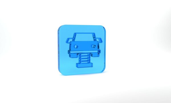 Blue Swing car on the playground icon isolated on grey background. Childrens carousel with car. Amusement icon. Glass square button. 3d illustration 3D render