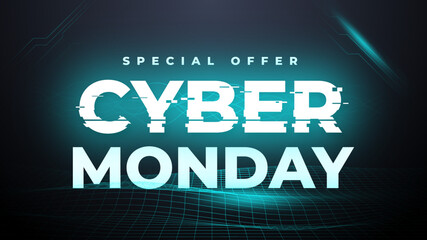 Glitch Sign Cyber Monday Sale banner for social media stories sale, web page, mobile phone. template design special offer, glowing lettering sign for online discount promotion