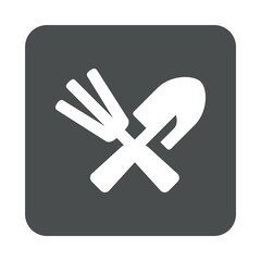 Obraz premium Icono herramientas de jardín. Conjunto de herramientas agrícolas para el jardín y la huerta: rastrillo y pala en aspa en cuadrado color gris